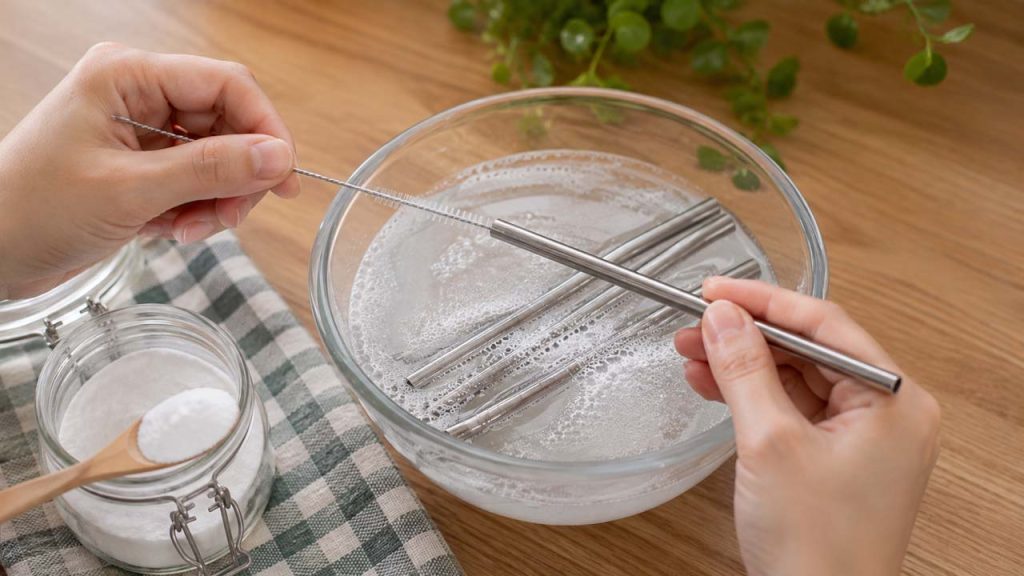 Làm sạch ống hút inox bằng baking soda