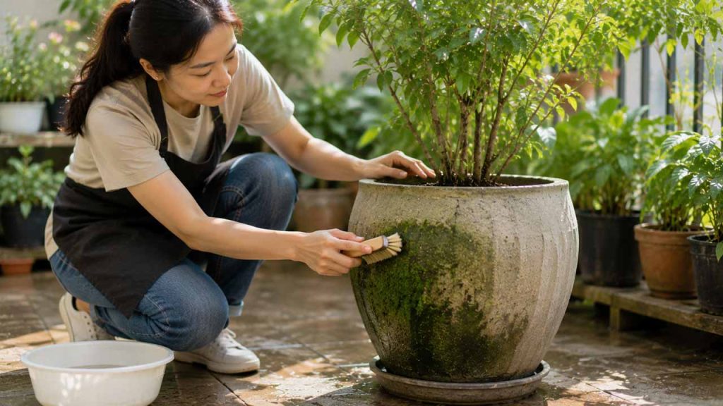 Làm sạch rêu trên chậu cây ngay khi mới xuất hiện