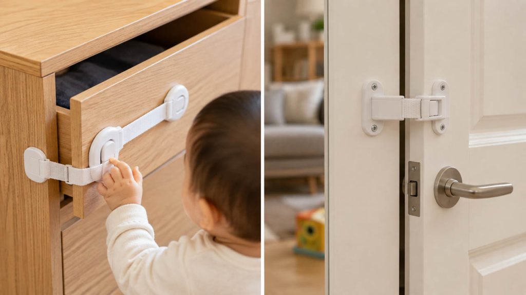 Chốt an toàn được lắp trên cửa và ngăn kéo để hạn chế trẻ tiếp cận đồ vật nguy hiểm