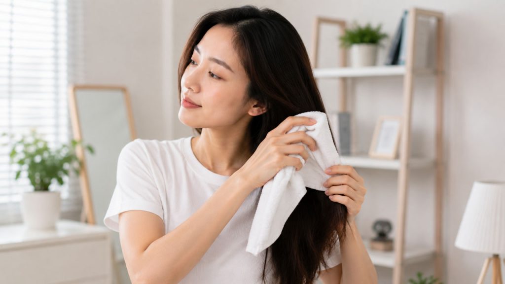 Lau nhẹ phần tóc bị bám mùi thức ăn bằng khăn sạch