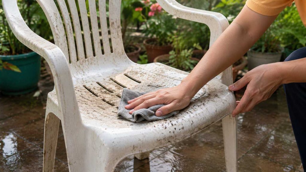 Vệ sinh ghế nhựa ngoài trời bằng khăn mềm định kỳ