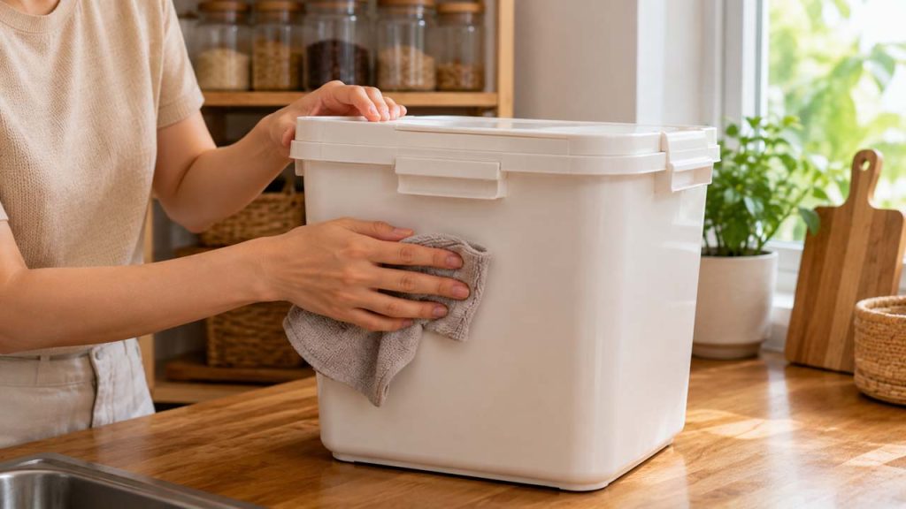 Vệ sinh bề mặt thùng đựng gạo để loại bỏ bụi bẩn và thức ăn bám bên ngoài