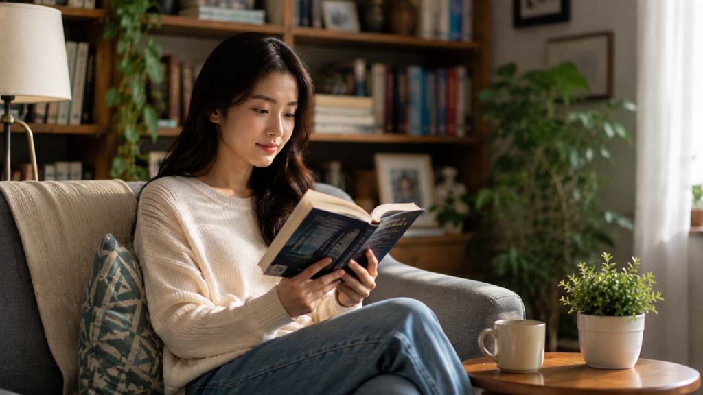 Người phụ nữ vui vẻ đọc cuốn sách phù hợp với sở thích cá nhân