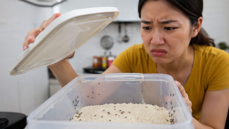 Mẹo giữ thùng đựng gạo không bị kiến: Thùng đựng gạo được đặt ở vị trí khô ráo và thông thoáng trong nhà bếp