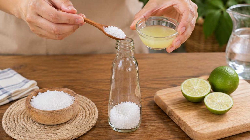 Muối hạt và nước cốt chanh giúp vệ sinh chai thủy tinh cổ nhỏ