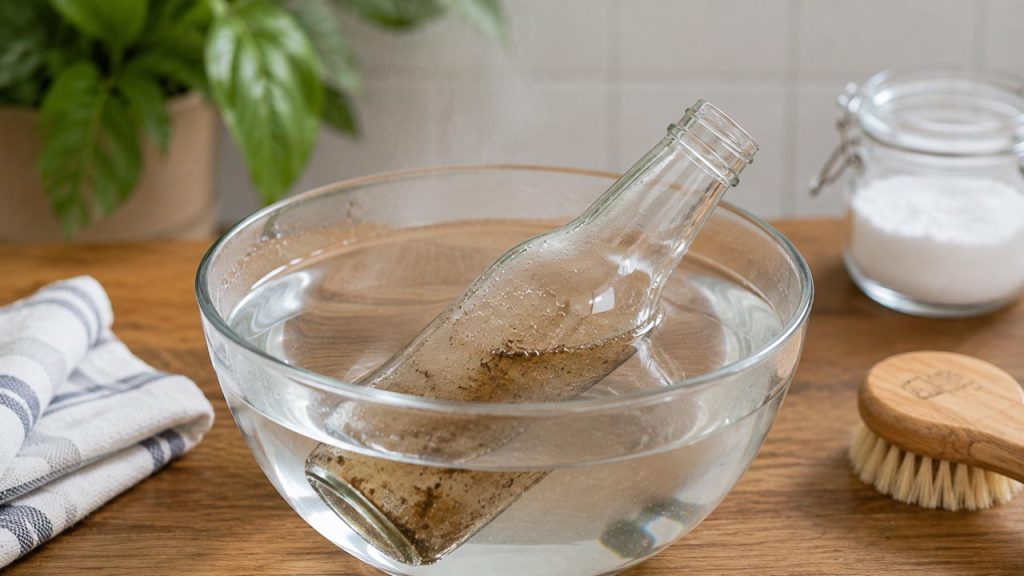 Ngâm chai thủy tinh cổ nhỏ với nước ấm để làm mềm cặn bẩn