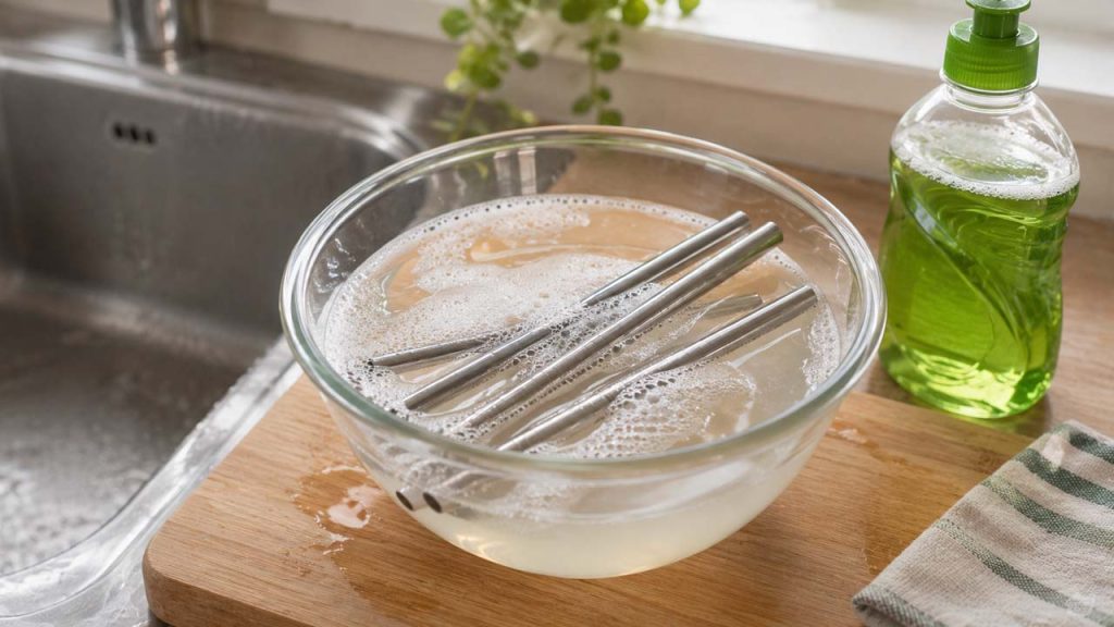 Ngâm ống hút inox với nước ấm và nước rửa chén