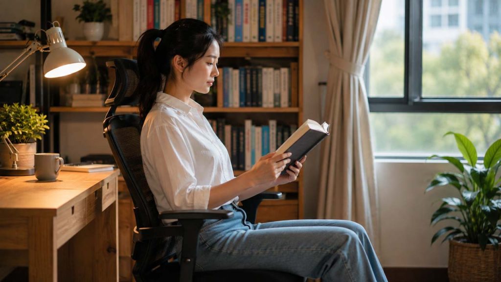 Người phụ nữ ngồi thẳng lưng trên ghế và giữ sách ở khoảng cách phù hợp