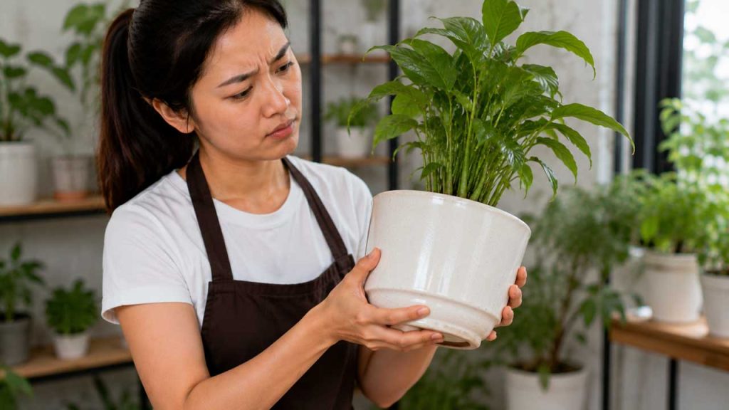 Nhấc chậu cây để kiểm tra độ ẩm của đất