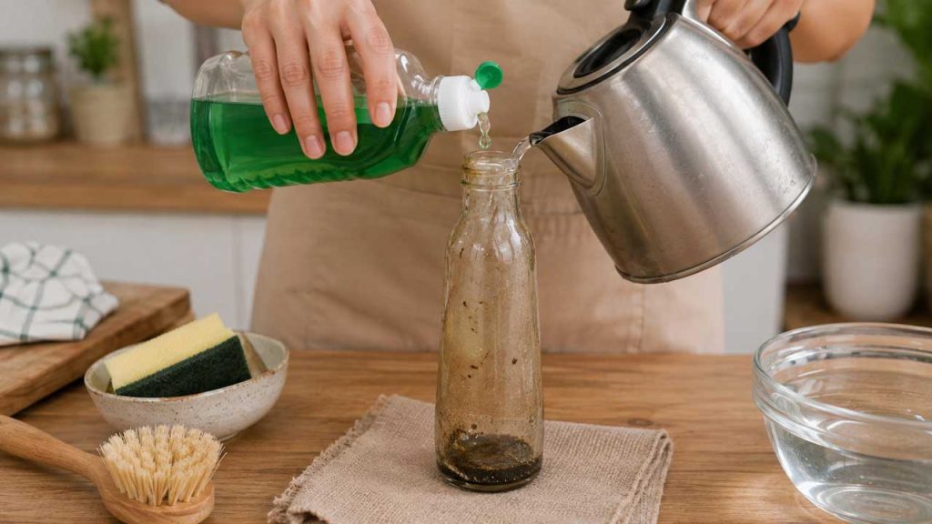 Làm sạch chai thủy tinh cổ nhỏ bằng nước rửa chén và nước nóng