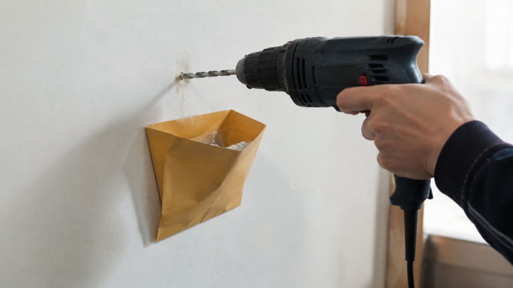Tận dụng phong bì giấy để hứng bụi khi khoan tường