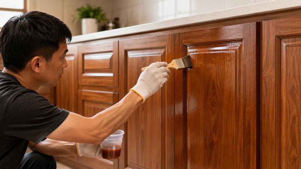 Phủ lớp bảo vệ lên bề mặt tủ bếp gỗ