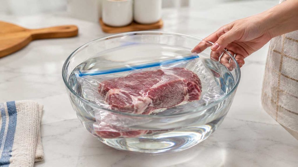 Thịt được ngâm trong nước lạnh để rã đông nhanh hơn