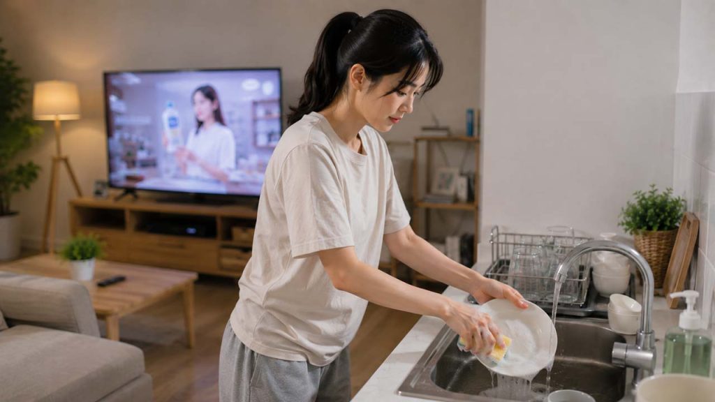 Tranh thủ rửa chén đĩa trong lúc TV quảng cáo