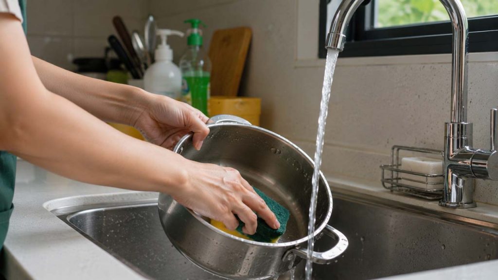 Rửa nồi chảo ngay sau khi sử dụng để hạn chế mùi tanh cá