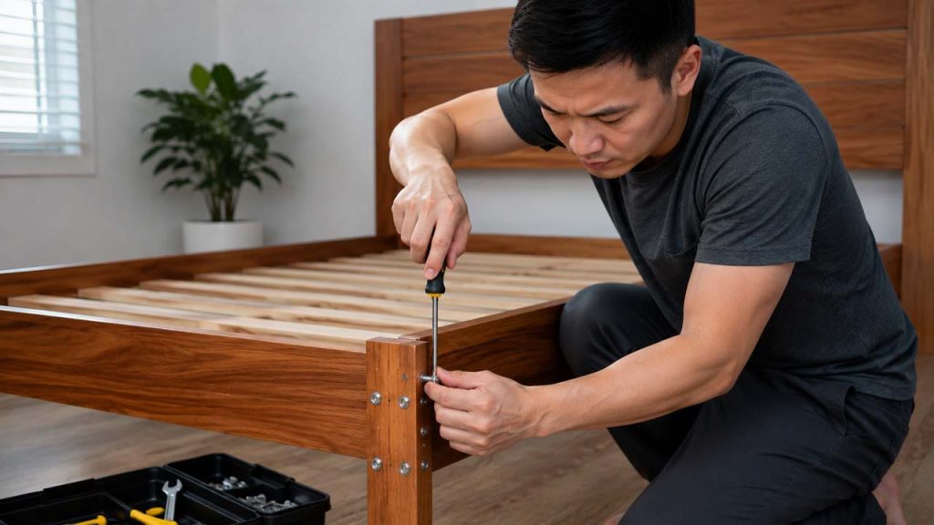 Một người đang dùng tua vít để siết chặt các ốc vít trên giường gỗ