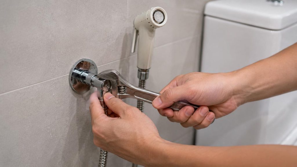 Siết lại đầu nối vòi xịt vệ sinh bị rò nước