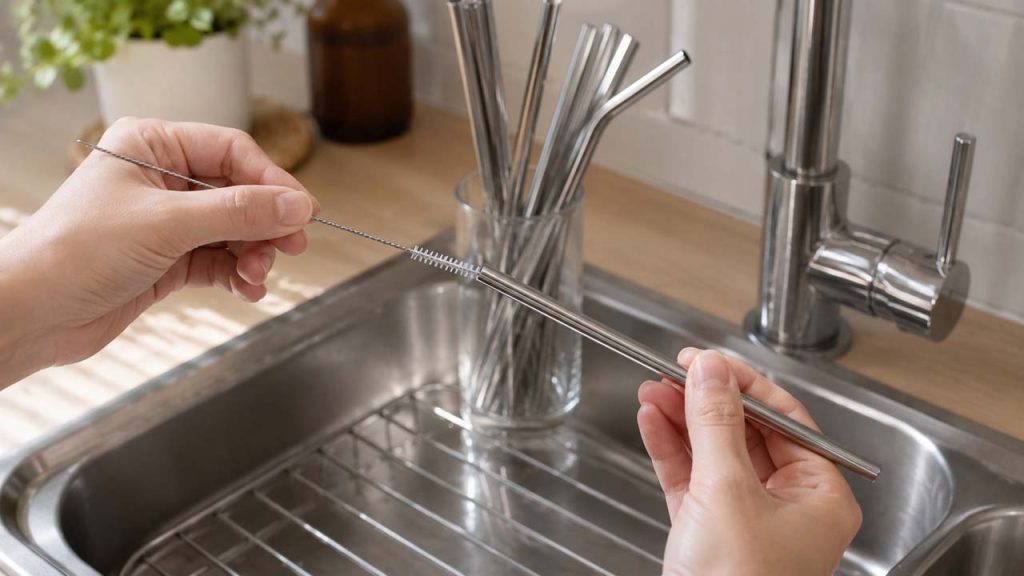 Dùng cọ chuyên dụng để làm sạch bên trong ống hút inox