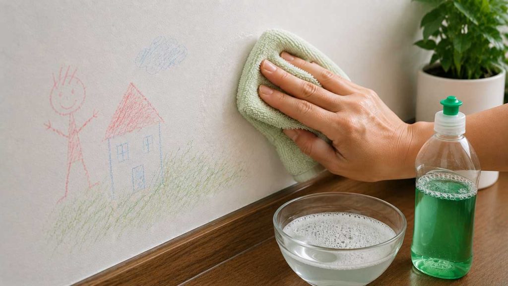 Sử dụng nước rửa chén pha loãng để vệ sinh vết bút chì màu trên tường