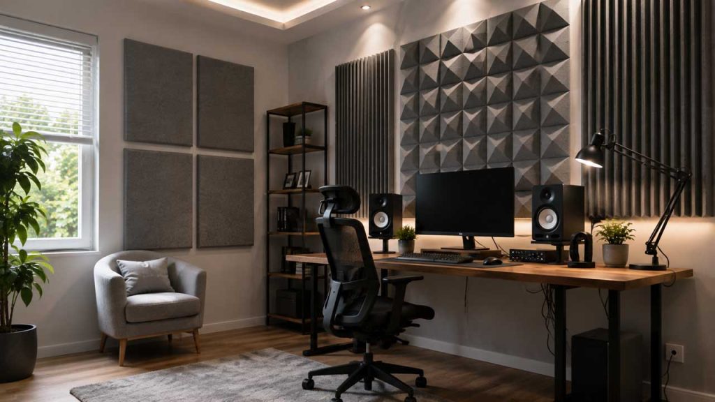 Những tấm tiêu âm được lắp đặt trên tường trong một căn phòng làm việc.