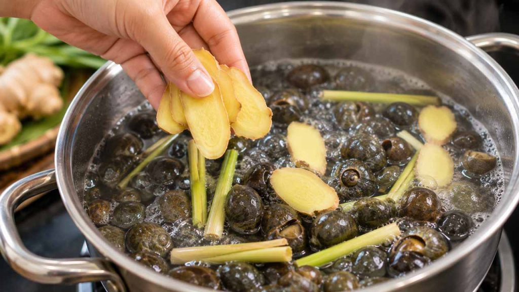 Cho vài lát gừng tươi vào nồi luộc ốc