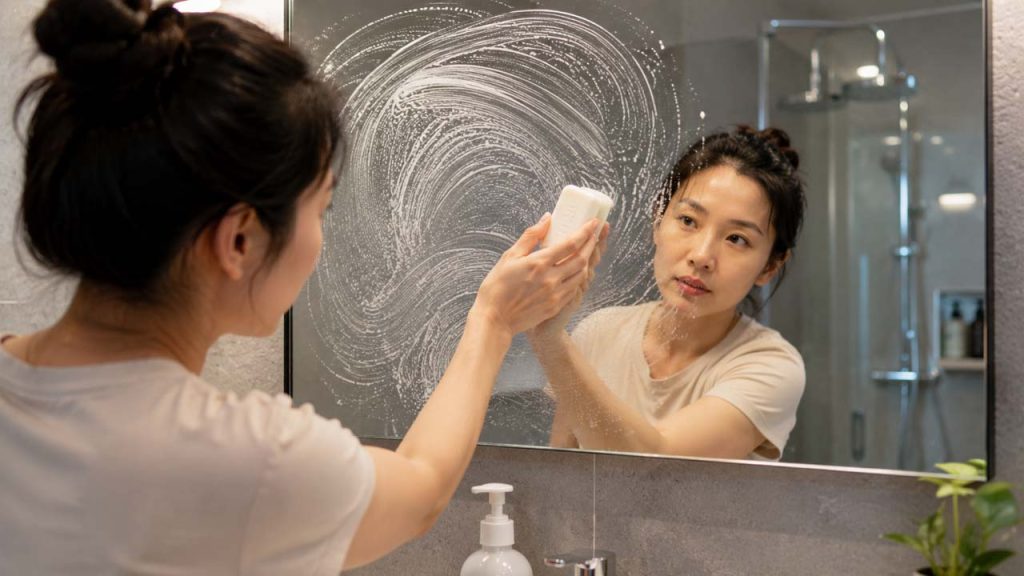 Thoa một lớp xà phòng mỏng lên mặt gương phòng tắm