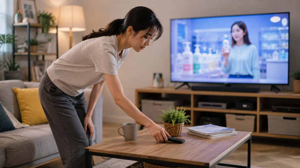 Thu dọn đồ đạc trong lúc TV đang quảng cáo