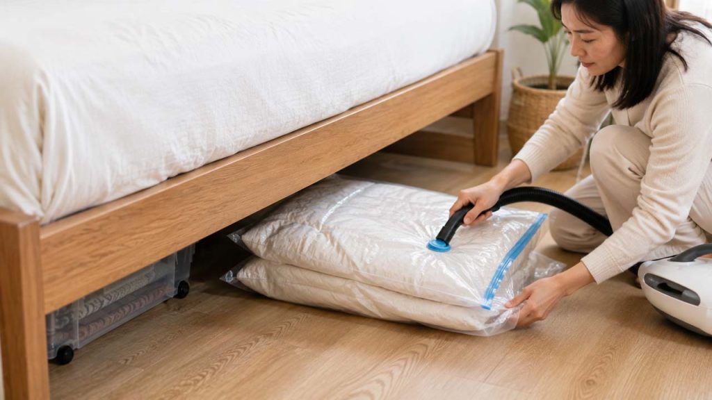 Dùng túi hút chân không để cất chăn và quần áo dưới giường