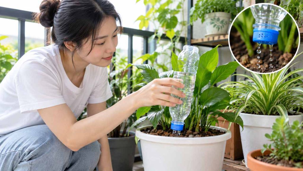 Dùng chai nhựa để tưới cây từ từ khi đi vắng