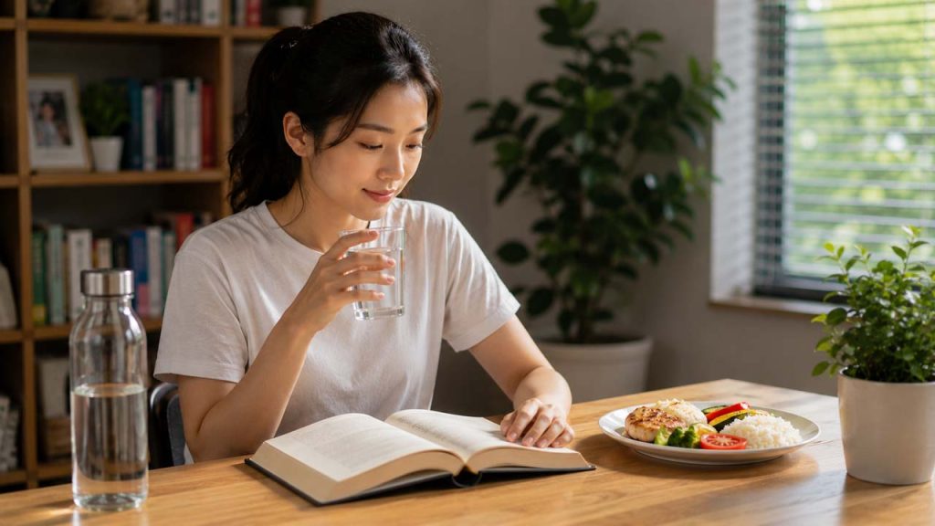 Người phụ nữ uống nước khi đọc sách và chuẩn bị một phần ăn vừa phải