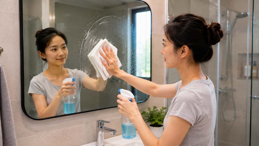 Vệ sinh gương phòng tắm định kỳ bằng khăn mềm