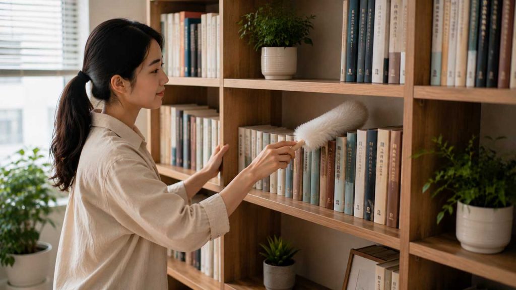 Vệ sinh kệ sách thường xuyên để tránh bụi bám dày