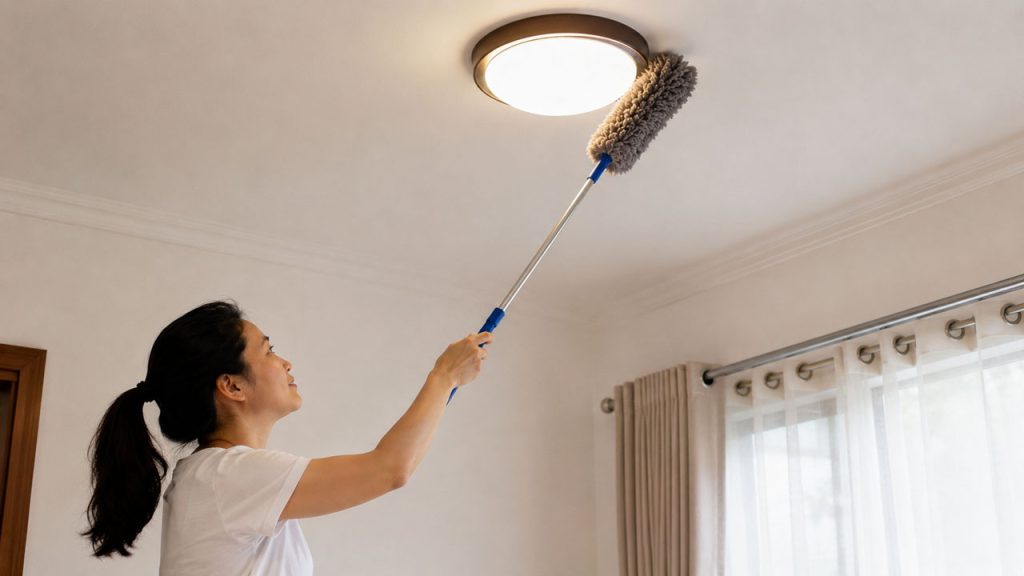 Vệ sinh khu vực quanh bóng đèn trên trần nhà