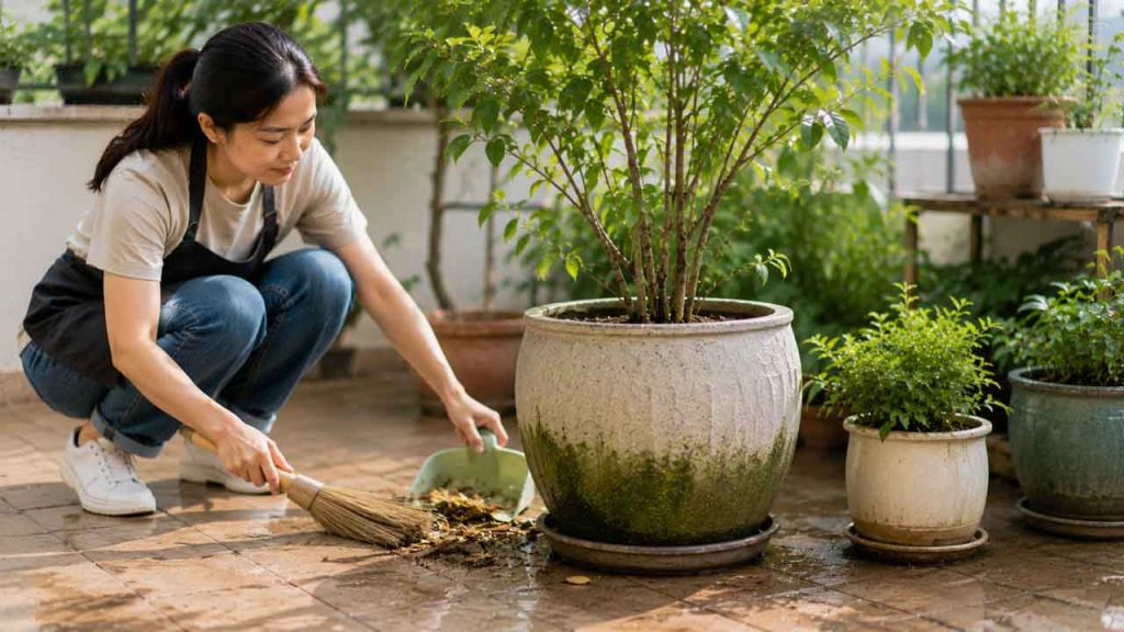 Vệ sinh khu vực xung quanh chậu cây để hạn chế rêu