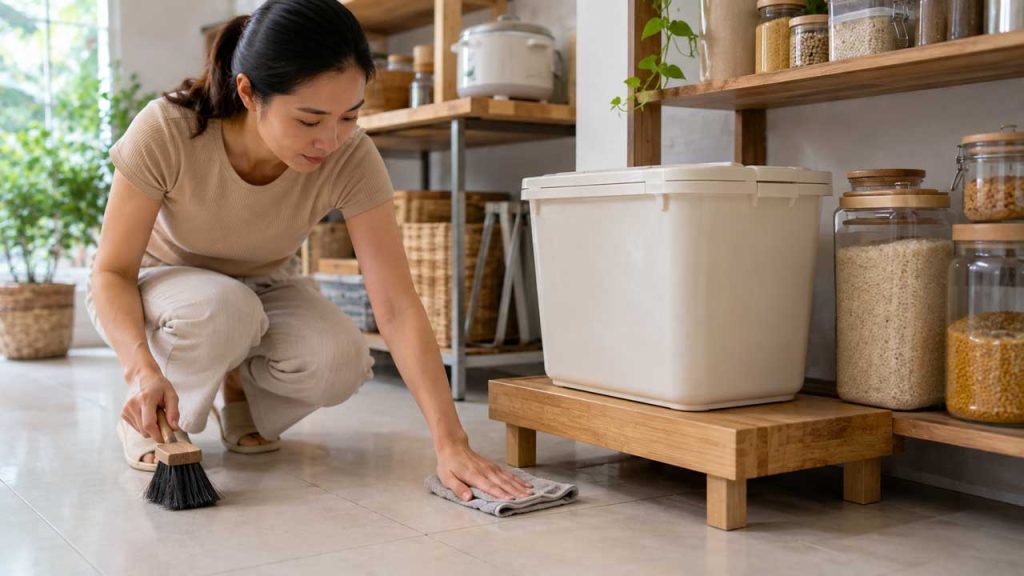 Lau dọn khu vực đặt thùng gạo để hạn chế kiến xuất hiện trong nhà