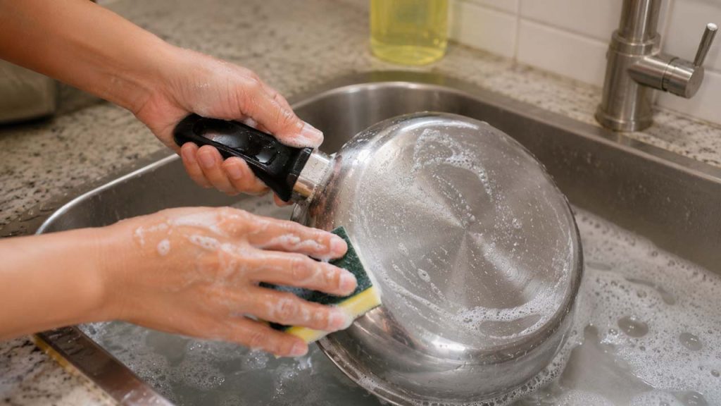 Vệ sinh kỹ tay cầm và mặt ngoài của nồi chảo