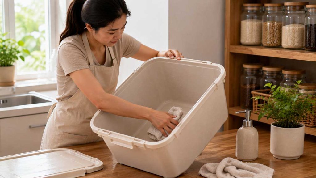 Làm sạch thùng đựng gạo định kỳ để hạn chế kiến và bảo quản gạo hiệu quả