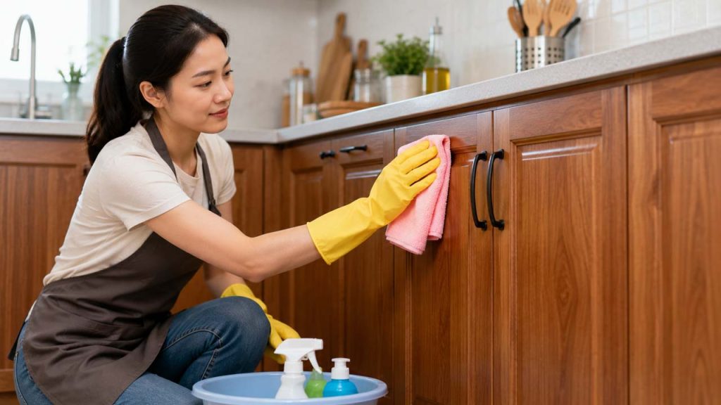 Vệ sinh tủ bếp gỗ thường xuyên bằng khăn mềm