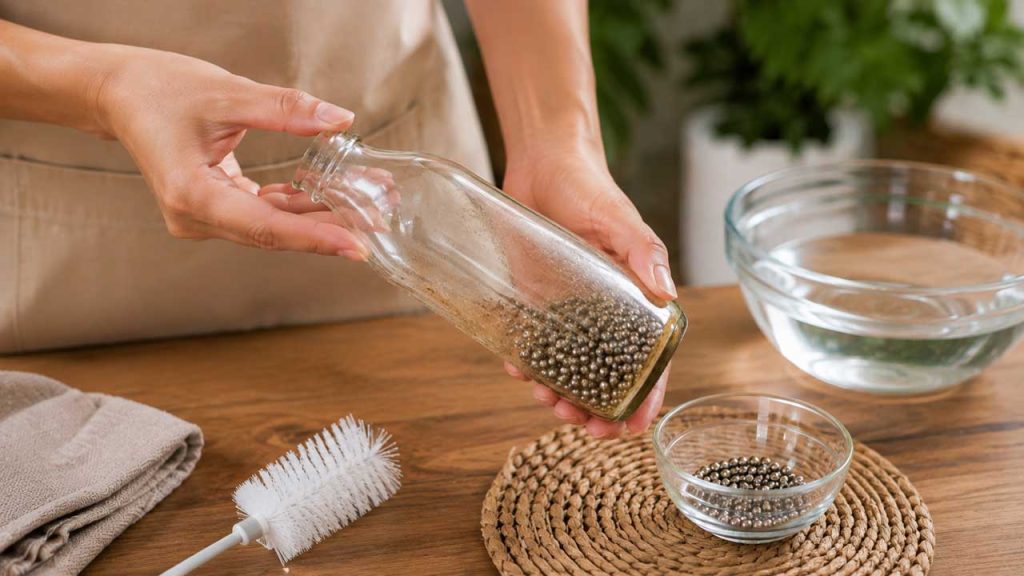Viên sỏi nhỏ hoặc hạt inox giúp làm sạch chai thủy tinh cổ nhỏ