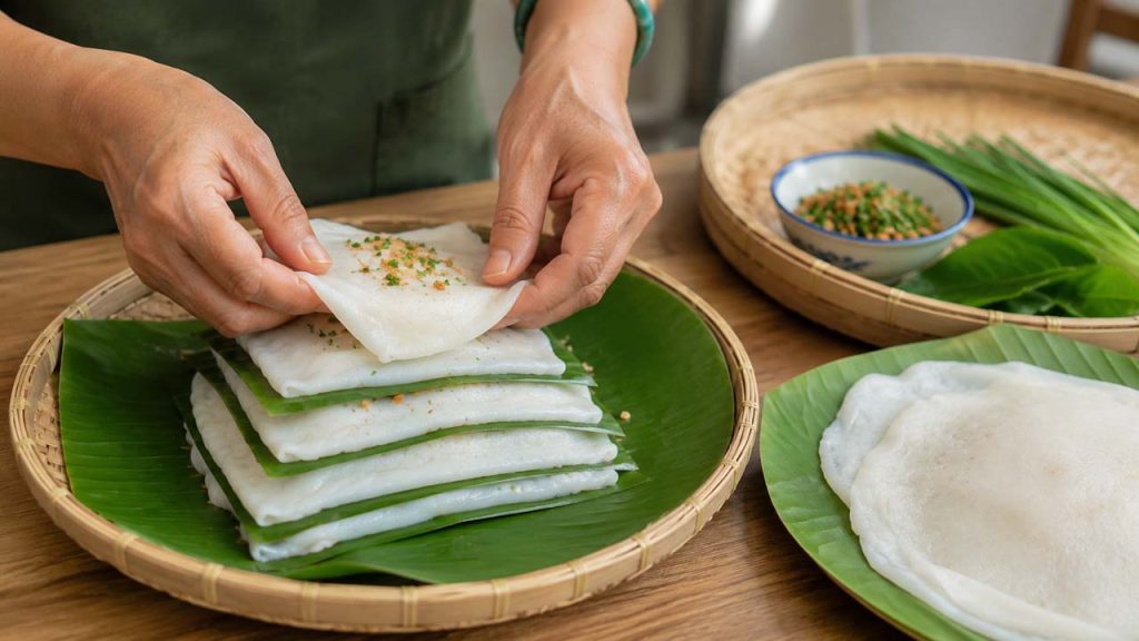 Xếp bánh ướt thành từng lớp mỏng để tránh dính và bị nát