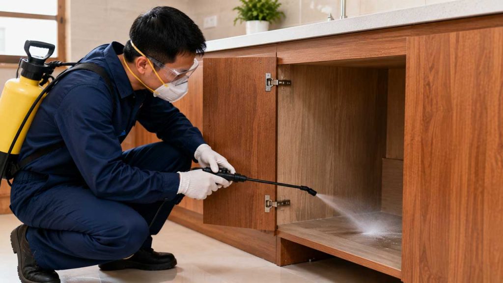 Nhân viên xử lý chống mối định kỳ cho tủ bếp gỗ
