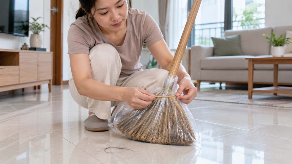 Bọc túi nylon quanh đầu chổi để gom tóc rụng