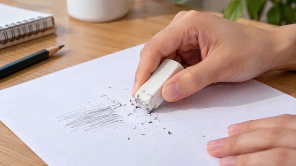 Chà gôm lên một tờ giấy trắng sạch để loại bỏ vết bẩn