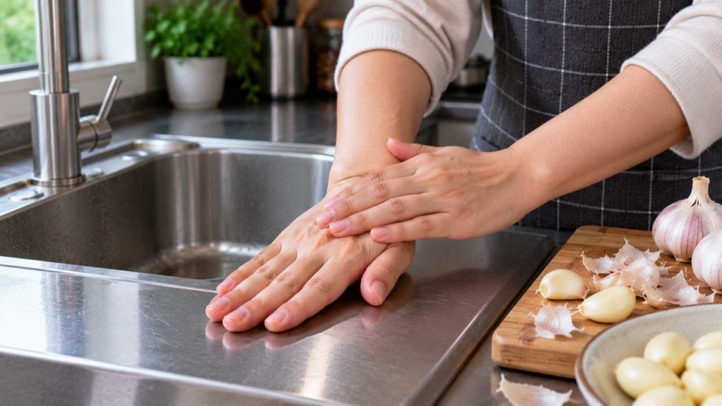 Chà tay lên bề mặt thép không gỉ sau khi bóc tỏi