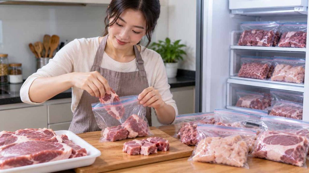Chia khẩu phần thực phẩm vào túi zip trước khi cấp đông