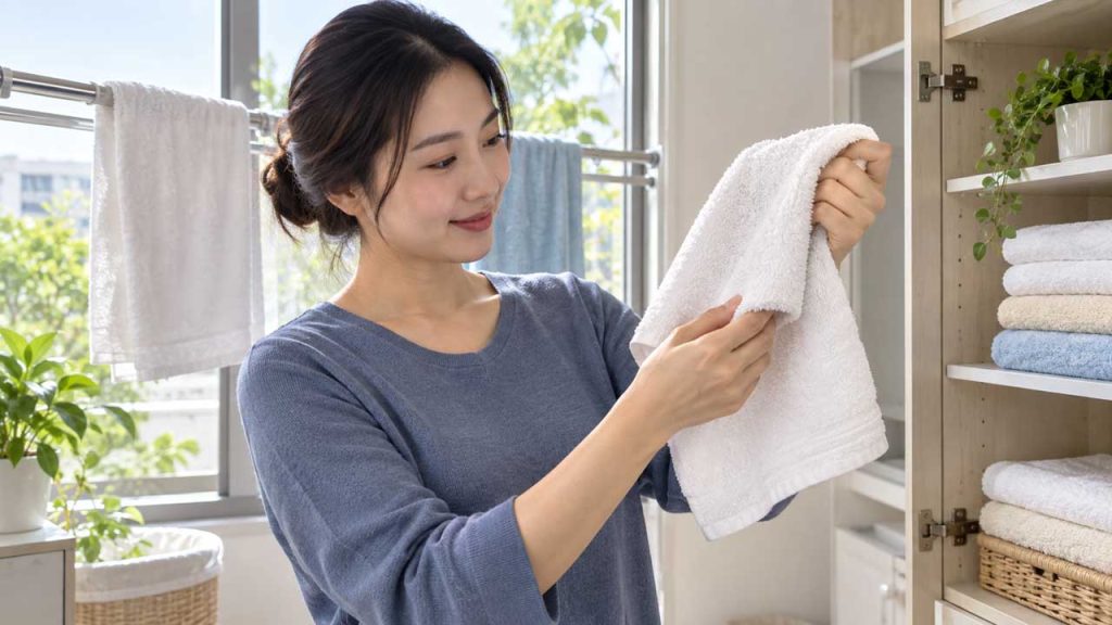 Kiểm tra khăn lau mặt khô hoàn toàn trước khi cất vào tủ