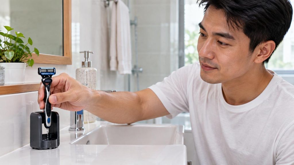 Đặt dao cạo theo tư thế thẳng đứng để dễ thoát nước