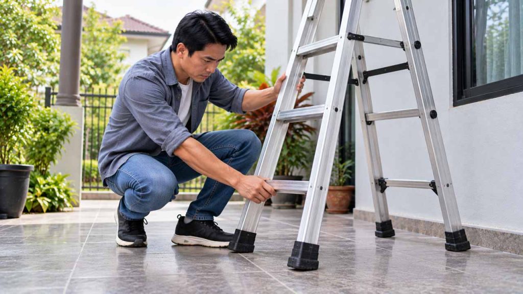 Đặt thang nhôm trên bề mặt bằng phẳng và chắc chắn