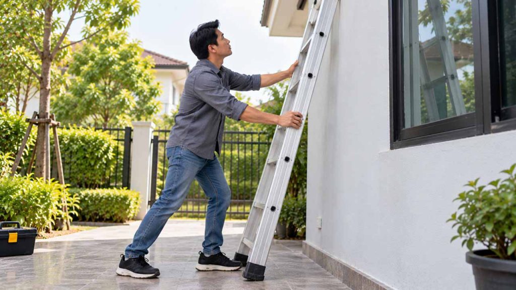 Đặt thang nhôm tựa với góc nghiêng phù hợp