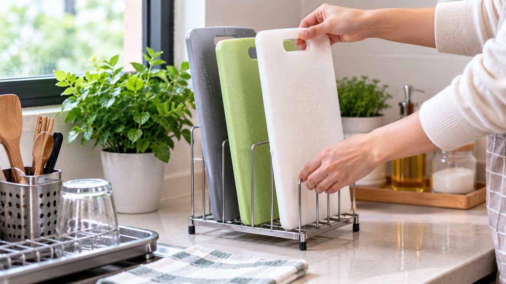 Để thớt nhựa khô theo tư thế phù hợp sau khi rửa